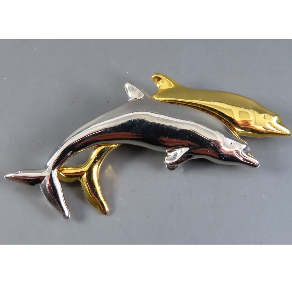 Vintage LIZ CLAIBORNE BROOCH PIN Silver & Gold Tone DOUBLE DOLPHINS JUMPING